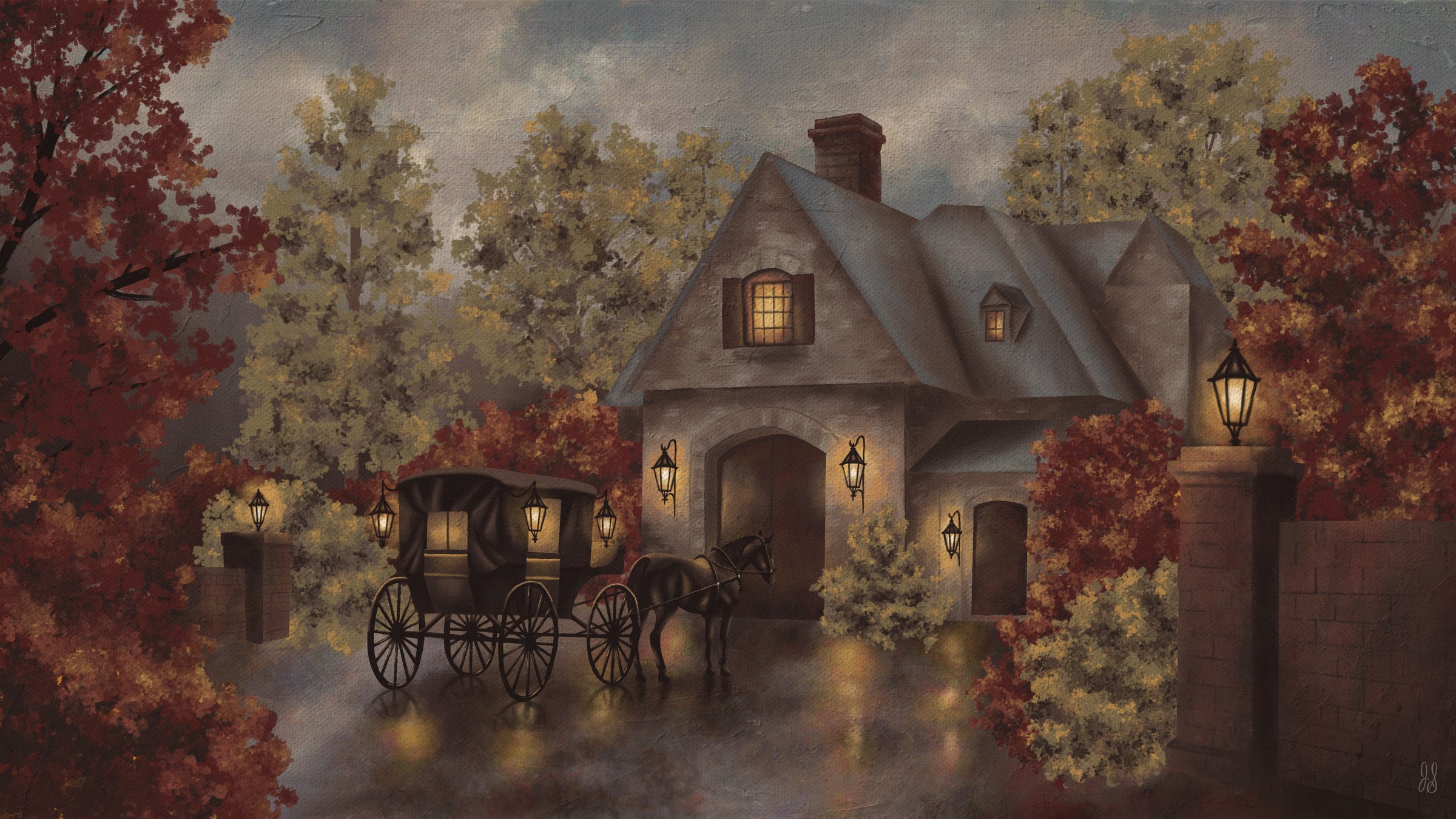 A painting of an autumn estate at dusk, lamplight glowing in the windows, a carriage and horse on the drive